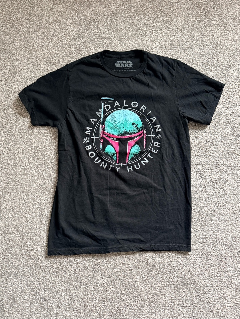 Star Wars Black T-shirt with Teal and Pink Mandalorian Helmet